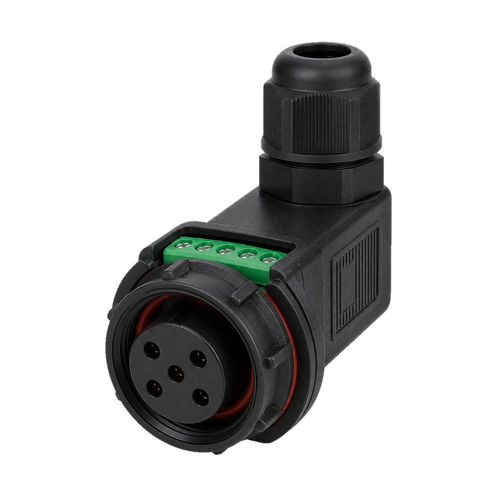 Соединитель клеммный, розетка, угловой с клеммником, пластик 5PIN IP67 60 AC/DC TEKO CS S255R-05 (PG